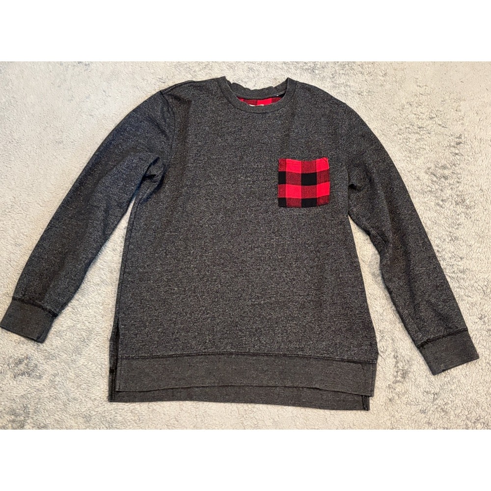 On The Byas Womens Sweatshirt Medium Gray Red Plaid Pocket Long Sleeve Pullover